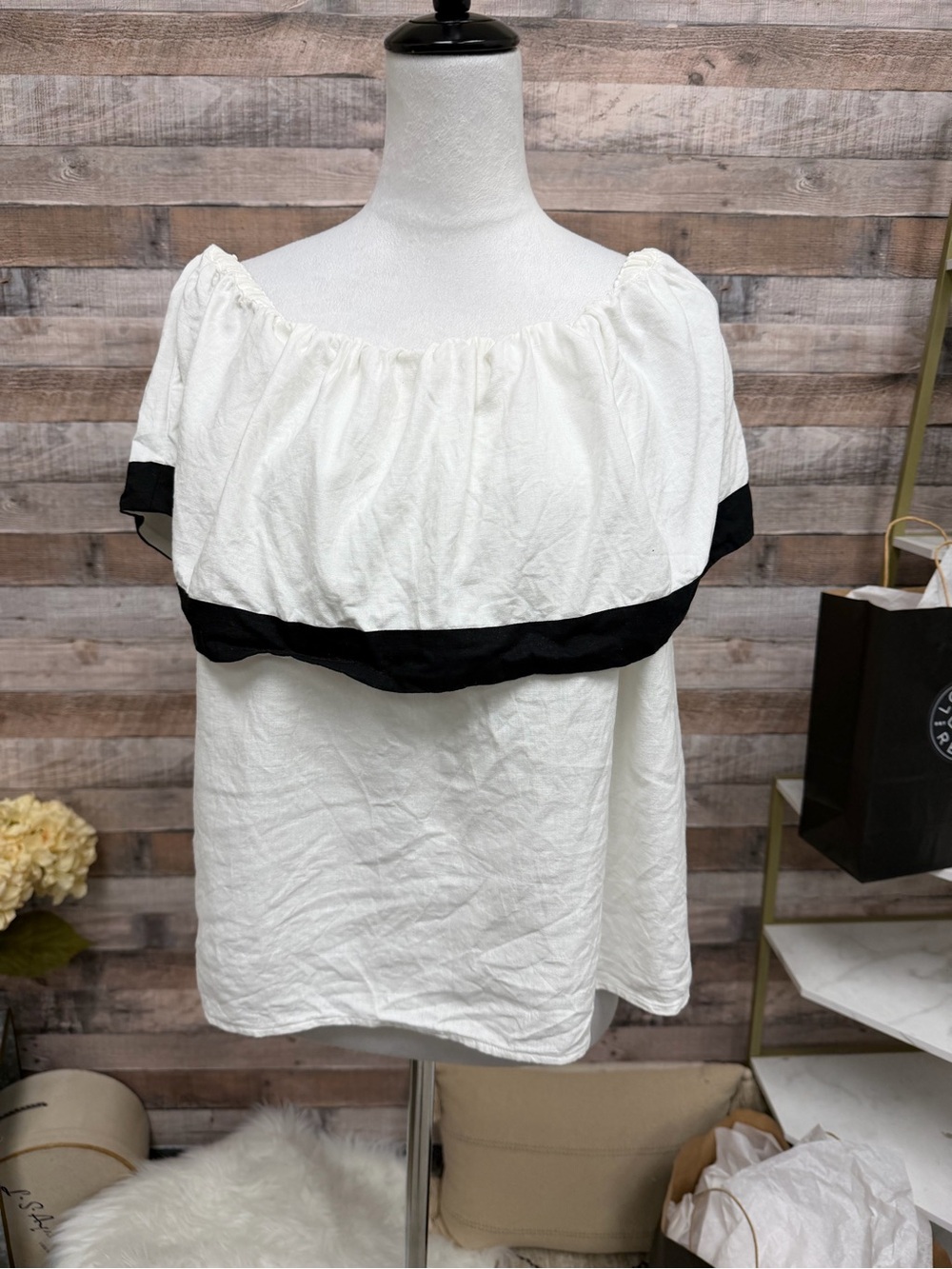 No Brand White Black Trim Off Shoulder Ruffle Blouse